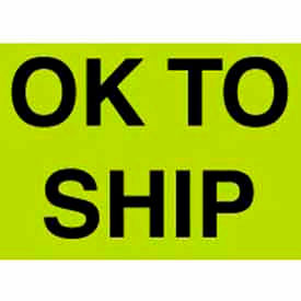 Decker Tape Products DL3209 Paper Labels w/ "OK To Ship" Print, 5"L x 3"W, Fluorescent Green & Black, Roll of 500 image.