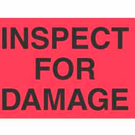 Decker Tape Products DL3461 Paper Labels w/ "Inspect for Damage" Print, 5"L x 3"W, Fluorescent Red & Black, Roll of 500 image.