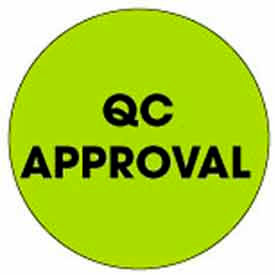 Decker Tape Products DL3562 2" Dia. Round Paper Labels w/ "Qc Approval" Print, Fluorescent Green & Black, Roll of 500 image.