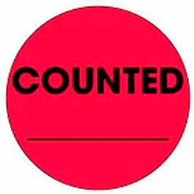 Decker Tape Products DL3569 2" Dia. Round Paper Labels w/ "Counted" Print, Fluorescent Red & Black, Roll of 500 image.