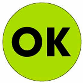 Decker Tape Products DL3570 2" Dia. Round Paper Labels w/ "Ok" Print, Fluorescent Green & Black, Roll of 500 image.
