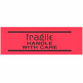 Decker Tape Products DL3601 Paper Labels w/ "Fragile Handle w/ Care" Print, 3"L x 2"W, Fluorescent Red, Roll of 500 image.