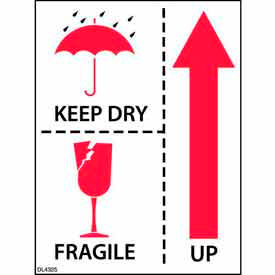 Decker Tape Products DL4325 Paper Labels w/ "Keep Dry Fragile Up" Print, 4"L x 3"W, Black/Red/White, Roll of 500 image.