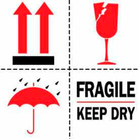 Decker Tape Products DL4430 Paper Labels w/ "Fragile Keep Dry" Print, 6"L x 6"W, White/Red/Black, Roll of 500 image.