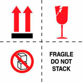 Decker Tape Products DL4501 Paper Labels w/ "Fragile Do Not Stack" Print, 4"L x 4"W, White/Red/Black, Roll of 500 image.