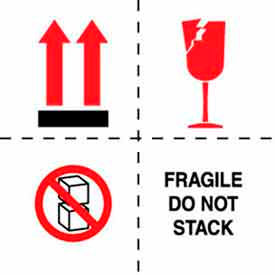 Decker Tape Products DL4511 Paper Labels w/ "Fragile Do Not Stack" Print, 6"L x 6"W, White/Red/Black, Roll of 500 image.