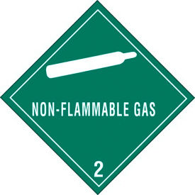 Decker Tape Products DL5100 Non Flammable Gas" Hazard Class 2 Labels, 4"L x 4"W, Green & White, Roll of 500 image.