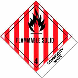 Decker Tape Products DL513P-1 Flammable Solid NOS" Class 4 Labels, 4-3/4"L x 4"W, White/Red/Black, Roll of 500 image.