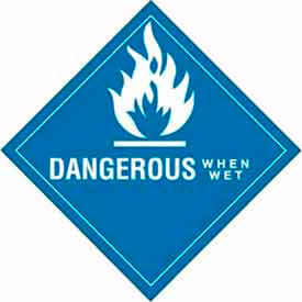 Decker Tape Products DL5150 Dangerous When Wet" Hazard Class 4 Labels, 4"L x 4"W, White & Blue, Roll of 500 image.