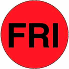 Decker Tape Products DL6541 1" Dia. Round Paper Labels w/ "Fri" Print, Fluorescent Red & Black, Roll of 500 image.