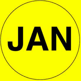 Decker Tape Products DL6703 2" Dia. Round Paper Labels w/ "Jan" Print, Bright Yellow & Black, Roll of 500 image.