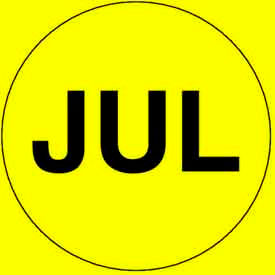 Decker Tape Products DL6823 2" Dia. Round Paper Labels w/ "Jul" Print, Bright Yellow & Black, Roll of 500 image.