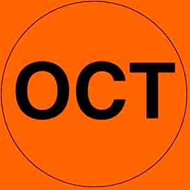 Decker Tape Products DL6883 2" Dia. Round Paper Labels w/ "Oct" Print, Fluorescent Orange & Black, Roll of 500 image.