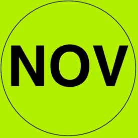 Decker Tape Products DL6903 2" Dia. Round Paper Labels w/ "Nov" Print, Fluorescent Green & Black, Roll of 500 image.