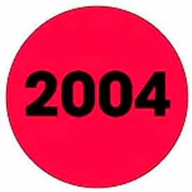 Decker Tape Products DL6984 2" Dia. Round Paper Labels w/ "Current Calendar Year" Print, Fluorescent Red & Black, Roll of 500 image.