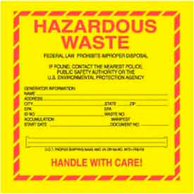 Decker Tape Products DL7530 Paper Labels w/ "Hazardous Waste" Print, 6"L x 6"W, Yellow/Red/Black, Roll of 500 image.