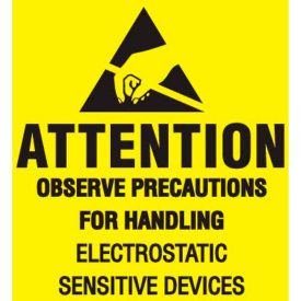 Decker Tape Products DL9081 Paper Labels w/ "Attention Observe Precautions" Print, 4"L x 4"W, Yellow, Roll of 500 image.