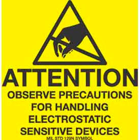 Decker Tape Products DL9084 Removable Paper Labels w/ "Attention Observe Precautions" Print, 2"L x 2"W, Yellow, Roll of 500 image.
