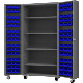 Durham Mfg Co. DCM36-BDLP-96-4S-5295 Durham Mfg.® Mobile Heavy Duty Cabinet w/ 4 Shelves & 96 Blue Bins, 14 Ga., 36"W x 24"D x 76"H image.
