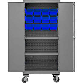 Durham Mfg.® Mobile Cabinet with 2 Adjustable Shelves 12 Blue Bins 16 Ga. 36"W x 24"D x 81"H 