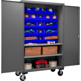 Durham Mfg.® Mobile Cabinet with 2 Adjustable Shelves 18 Blue Bins 16 Ga. 48"W x 24"D x 81"H 