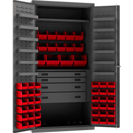 Durham Mfg.® HD Cabinet 14 Ga. 1 Fixed Shelf 36"W x 24"D x 72"H 52 Red Bins Gray 