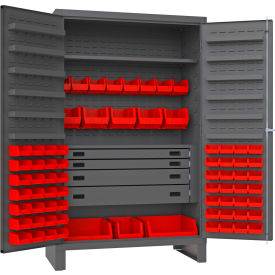 Durham Mfg.® HD Cabinet 14 Ga. 1 Fixed Shelf 48"W x 24"D x 78"H 72 Red Bins Gray 