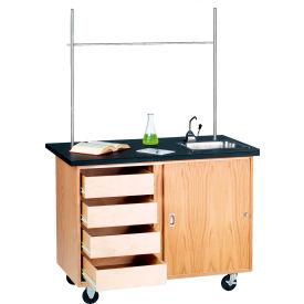 Mobile Science Workstation with Drawers - Oak with Chemguard Top view 2