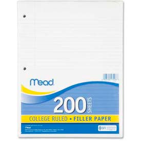 Mead® Filler Paper 8-1/2"" x 11"" College Ruled 3-Hole Punched White 200 Sheets/Pack