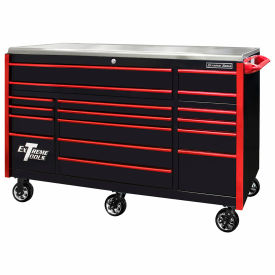 Extreme Tools, Inc. EX7217RCQBKRD Extreme Tools EXQ 17 Drawer Pro Triple Bank Roller,72"W x 30"D x H"44-3/4,Black w/Red Drawer Pulls image.