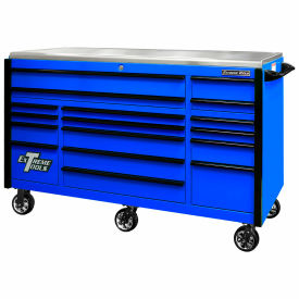Extreme Tools, Inc. EX7217RCQBLBK Extreme Tools EXQ 17 Drawer Pro Triple Bank Roller,72"W x 30"D x H"44-3/4,Blue w/Black Drawer Pulls image.