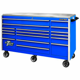 Extreme Tools, Inc. EX7217RCQBLCR Extreme Tools EXQ 17 Drawer Pro Triple Bank Roller,72"W x 30"D x H"44-3/4,Blue w/Chrome Drawer Pulls image.
