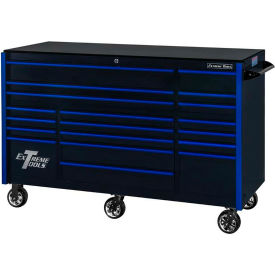 Extreme Tools, Inc. RX552512RCBKBL-X Extreme Tools RX 19 Drawer Roller Cabinet, 55"W x 25"D x H"46, Black w/Blue Handles & Trim image.