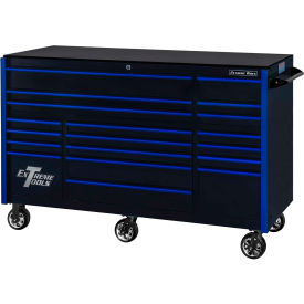 Extreme Tools, Inc. RX723019RCBKBL-250 Extreme Tools RX723019RCBKBL-250 Professional 72" 19 Drawer Blk Triple Bank Roller Cabinet Blue Pull image.