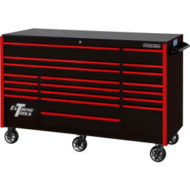 Extreme Tools, Inc. RX723019RCBKRD-250 Extreme Tools RX723019RCBKRD-250 Professional 72" 19 Drawer Blk Triple Bank Roller Cabinet Red Pulls image.