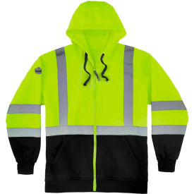Ergodyne 21843 Ergodyne® GloWear 8372 Hi-Vis Hooded Sweatshirt, Black Bottom, Full Zip, Class 3, M, Lime image.