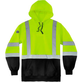 Ergodyne 21883 Ergodyne® GloWear® 8373 Hi-Vis Hooded Sweatshirt, Black Bottom, Class 3, M, Lime image.
