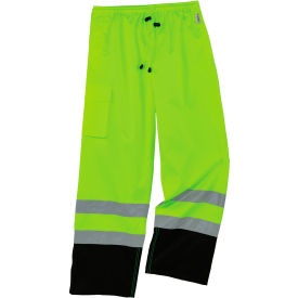 Ergodyne 25424 Ergodyne® GloWear 8915BK Hi-Vis Rain Pants w/ Black Bottom, Class E, Polyester, Large, Lime image.