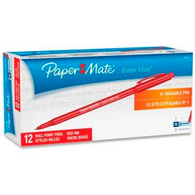 Paper Mate 3920158 Paper Mate® Erasermate Ballpoint Pen, Medium, Red Barrel/Ink, Dozen image.