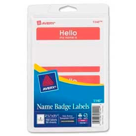 Avery® ""Hello my name is"" Name Badge Labels 2-11/32"" x 3-3/8"" Red 100 Labels/Pack