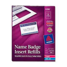 Avery Consumer Products 5390 Avery® Name Badge Insert Refills, 2-1/4" x 3-1/2", White, 400 Inserts/Box image.
