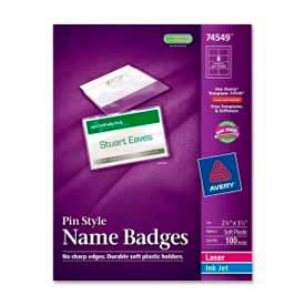 Avery® Pin Style Name Badges 2-1/4"" x 3-1/2"" Clear 100/Box