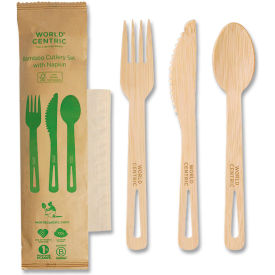 World Centric® Mediumweight Cutlery Kit Knife/Fork/Spoon/Napkin Bamboo Natural 250/Carton
