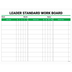 Visual Workplace Non-Magnetic Dry Erase Overlay Leader Standard Work Board 48"W x 36"H Green 