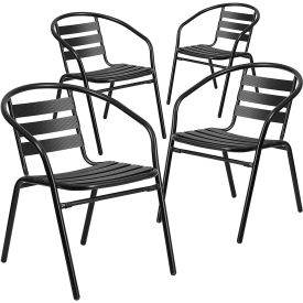 Global Industrial 4-TLH-017C-BK-GG Flash Furniture Black Metal Restaurant Stack Chair with Aluminum Slats, Pack of 4 image.