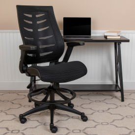 Global Industrial BL-ZP-809D-BK-GG Flash Furniture High-Back Ergonomic Drafting Chair w/Adjustable Foot Ring & Flip-Up Arms - Black image.
