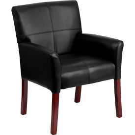 Global Industrial BT-353-BK-LEA-GG Executive Reception Chair - Black Leather - Mahogany Legs image.