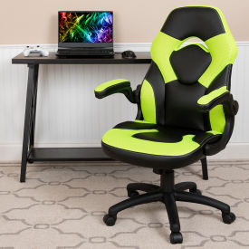 Global Industrial CH-00095-GN-GG Flash Furniture X10 Racing Style Gaming Chair w/Flip-up Arms, LeatherSoft, Neon Green/Black image.