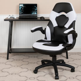 Global Industrial CH-00095-WH-GG Flash Furniture X10 Racing Style Gaming Chair w/Flip-up Arms, LeatherSoft, White/Black image.