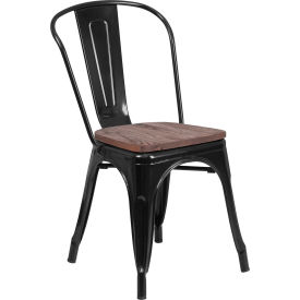 Global Industrial CH-31230-BK-WD-GG Flash Furniture Black Metal Stackable Chair with Wood Seat image.